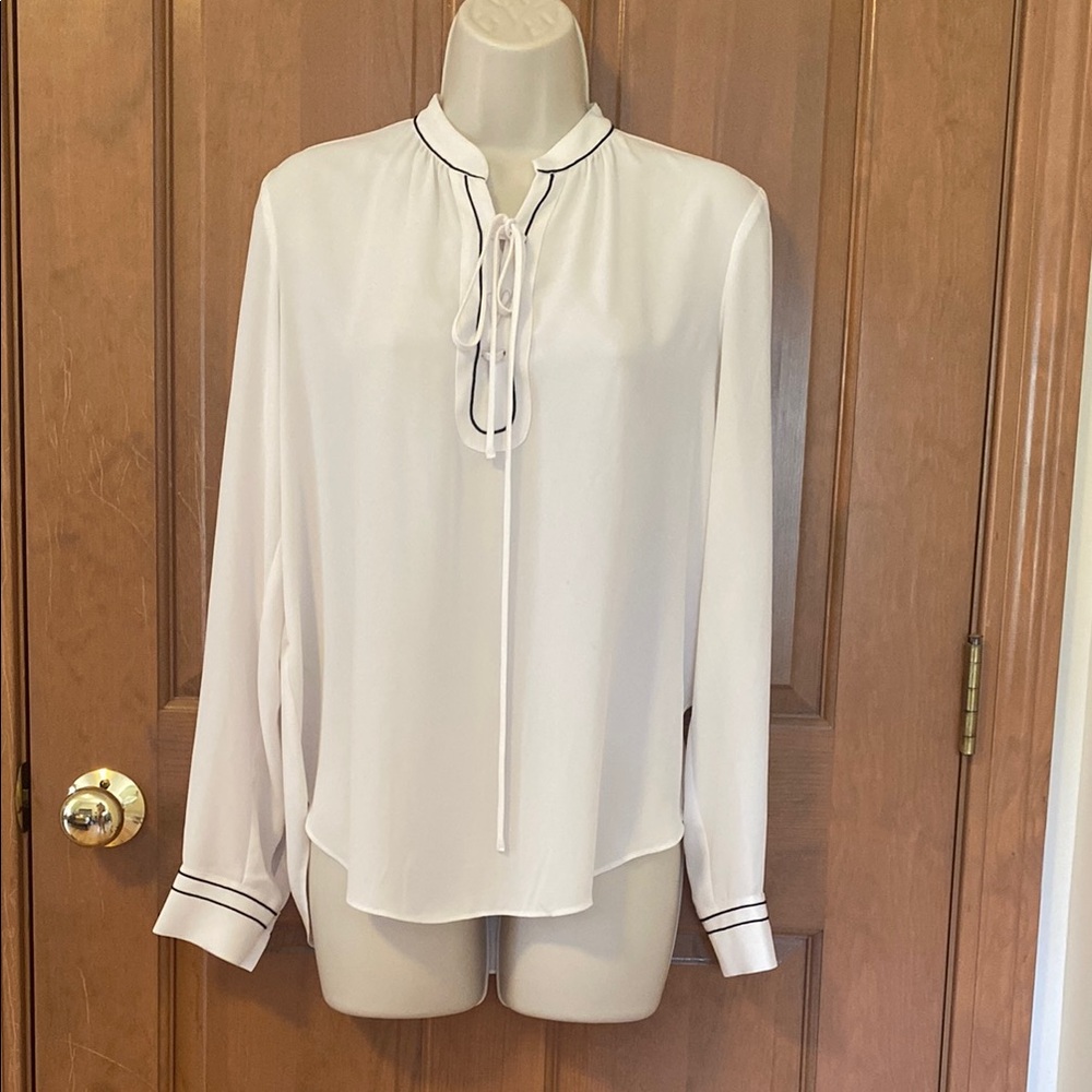 Ann Taylor White Tie Front Mandarin Collar Blouse